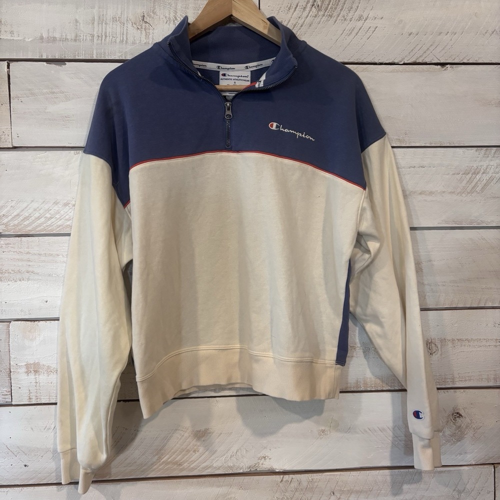 Champion Campus French Terry Half-Zip Mockneck Pullover Y2K Sz‎ Small White Blue
